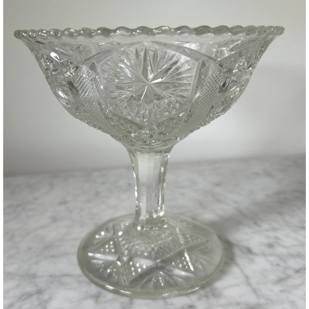 Vintage Clear Pressed Glass Footed Compote Bowl 6.5" Starburst Scalloped Rim